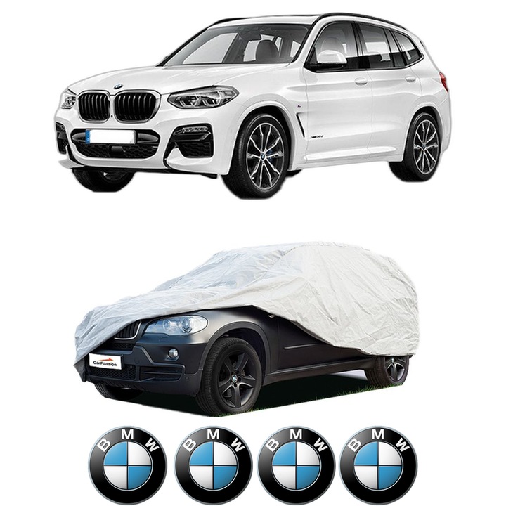 Husa tip prelata auto pentru BMW X3 Van (G01) din 2017-2019, Culoare Gri, material textil impermeabil, rezistanta la intemperii praf UV, CARPASSION Husa Protectie, 4 Stickere auto cu BMW