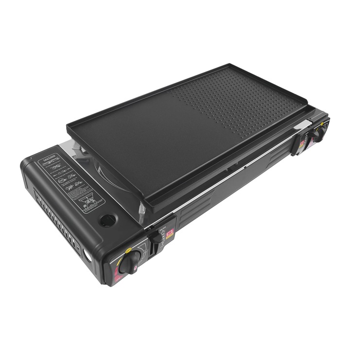 Aragaz de camping pe gaz, 2 arzatoare, butan, tigaie grill, aprindere automata, 2100–2500 W, de masa, negru