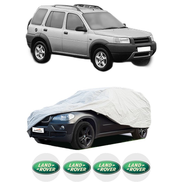 Husa tip prelata auto pentru LAND ROVER FREELANDER I (L314) din 1998-2006, Culoare Gri, material textil impermeabil, rezistanta la intemperii praf UV, CARPASSION Husa Protectie, 4 Stickere auto cu LAND ROVER