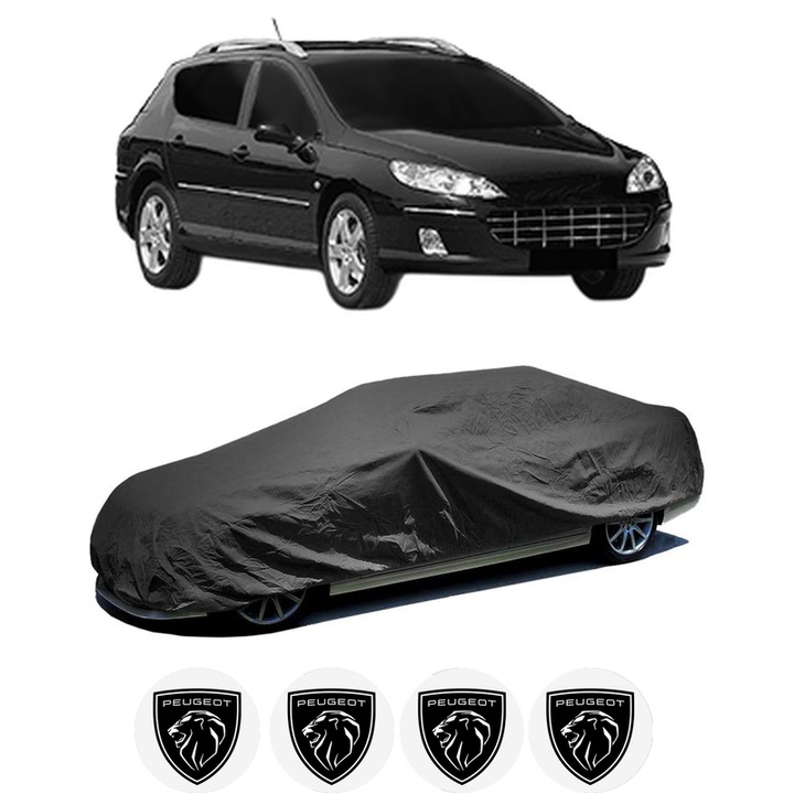 Husa tip prelata auto pentru PEUGEOT 407 SW Estate Van (6E_) din 2009-2010, Culoare Negru, material textil impermeabil, rezistanta la intemperii praf UV, CARPASSION Husa Protectie, 4 Stickere auto cu PEUGEOT