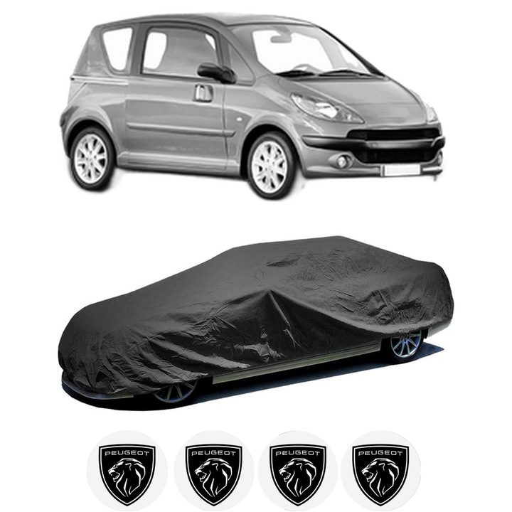Husa tip prelata auto pentru PEUGEOT 1007 (KM_) din 2005-2007, Culoare Negru, material textil impermeabil, rezistanta la intemperii praf UV, CARPASSION Husa Protectie, 4 Stickere auto cu PEUGEOT