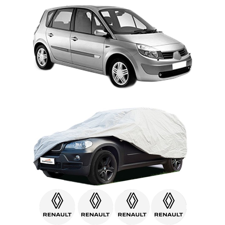 Husa tip prelata auto pentru RENAULT SCENIC II (JM0/1_) din 2003-2009, Culoare Gri, material textil impermeabil, rezistanta la intemperii praf UV, CARPASSION Husa Protectie, 4 Stickere auto cu RENAULT