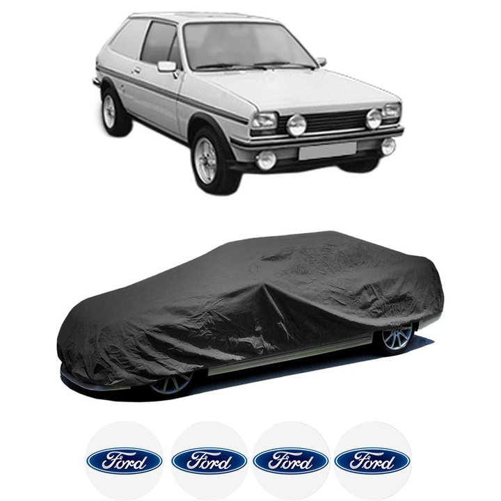 Husa tip prelata auto pentru FORD FIESTA Hatchback Van (WFVT) din 1977-1986, Culoare Negru, material textil impermeabil, rezistanta la intemperii praf UV, CARPASSION Husa Protectie, 4 Stickere auto cu FORD