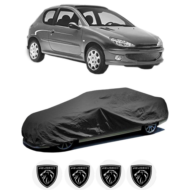 Husa tip prelata auto pentru PEUGEOT 206 Hatchback (2A/C) din 1998-2012, Culoare Negru, material textil impermeabil, rezistanta la intemperii praf UV, CARPASSION Husa Protectie, 4 Stickere auto cu PEUGEOT