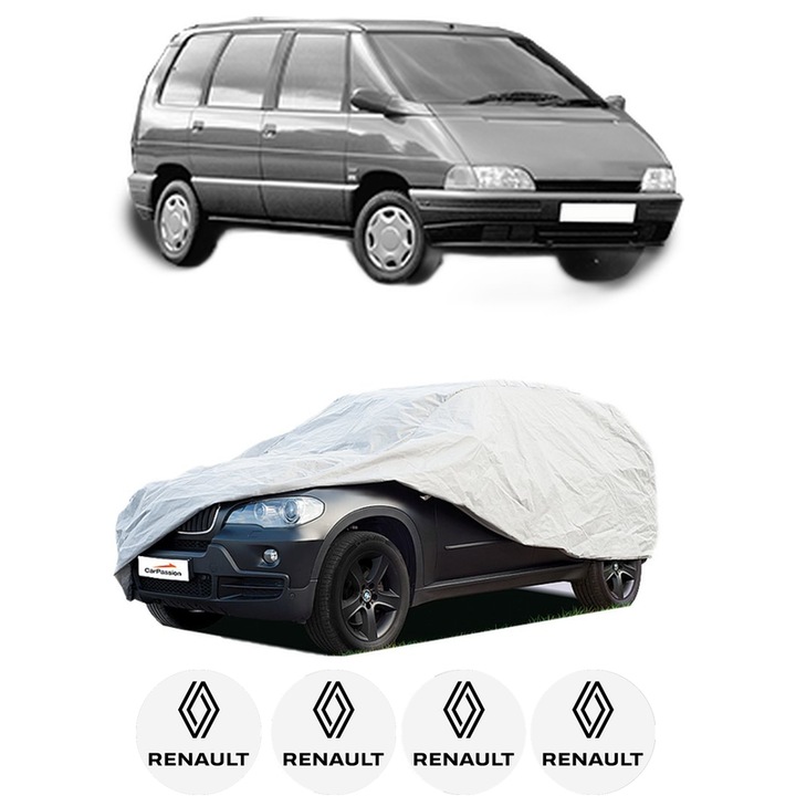 Husa tip prelata auto pentru RENAULT ESPACE II (J/S63_) din 1991-1996, Culoare Gri, material textil impermeabil, rezistanta la intemperii praf UV, CARPASSION Husa Protectie, 4 Stickere auto cu RENAULT