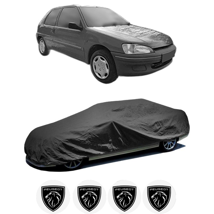 Husa tip prelata auto pentru PEUGEOT 106 Van II Hatchback Van (1S_) din 1996-2001, Culoare Negru, material textil impermeabil, rezistanta la intemperii praf UV, CARPASSION Husa Protectie, 4 Stickere auto cu PEUGEOT
