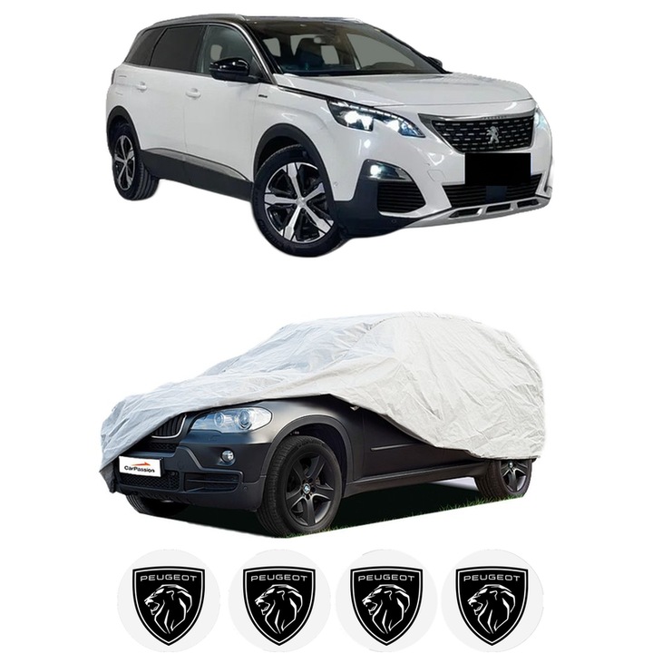 Husa tip prelata auto pentru PEUGEOT 5008 II Van (MC_, MJ_) din 2018, Culoare Gri, material textil impermeabil, rezistanta la intemperii praf UV, CARPASSION Husa Protectie, 4 Stickere auto cu PEUGEOT