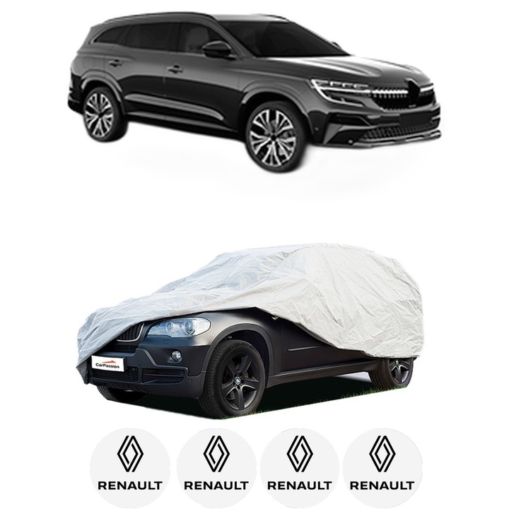 Husa tip prelata auto pentru RENAULT ESPACE VI (RHN) din 2023, Culoare Gri, material textil impermeabil, rezistanta la intemperii praf UV, CARPASSION Husa Protectie, 4 Stickere auto cu RENAULT