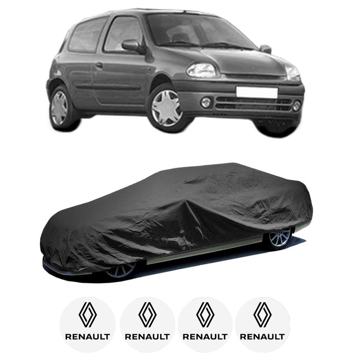 Husa tip prelata auto pentru RENAULT CLIO II (BB_, CB_) din 1998-2016, Culoare Negru, material textil impermeabil, rezistanta la intemperii praf UV, CARPASSION Husa Protectie, 4 Stickere auto cu RENAULT