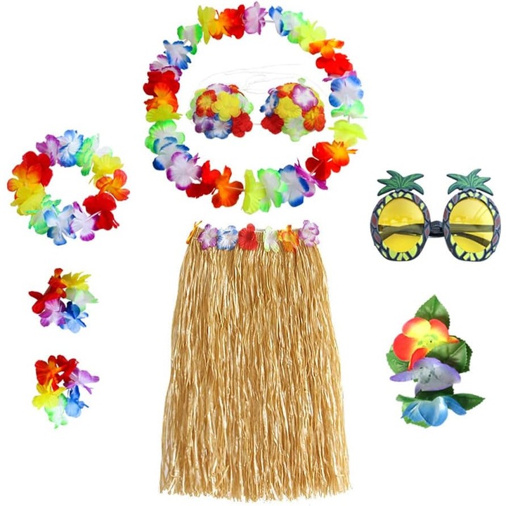 Set de 8 fuste Hula pentru costum de dansatoare hawaiana cu lei, cu top de bikini cu flori, lei hawaian, agrafa de par cu hibiscus, ananas pentru adulti, consumabile pentru petrecere, vara, plaja, decoratiuni pentru petrecere tropicala