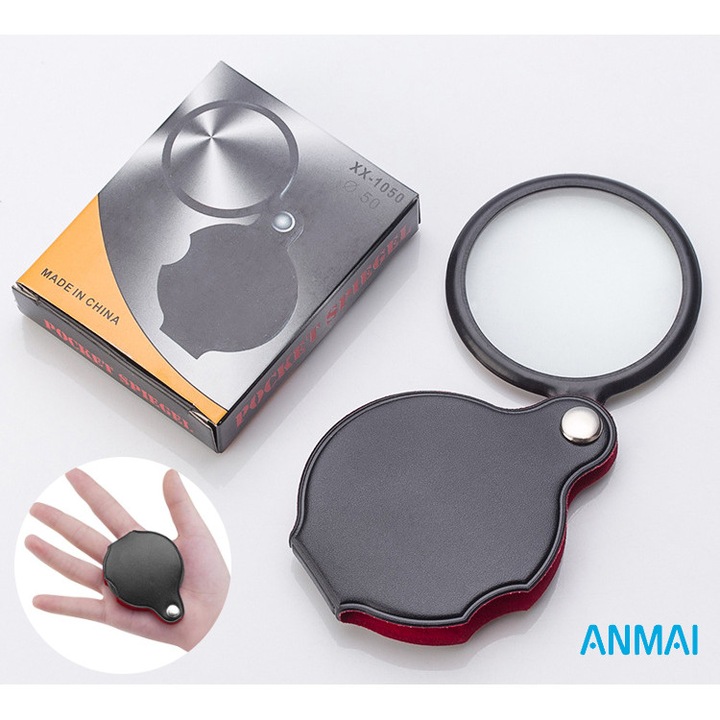 Lupa Compacta 10X cu Husa din Piele Anmai, Portabila pentru Citi, Reparatii, Colectarea Monedelor, diametru 50 mm, Negru