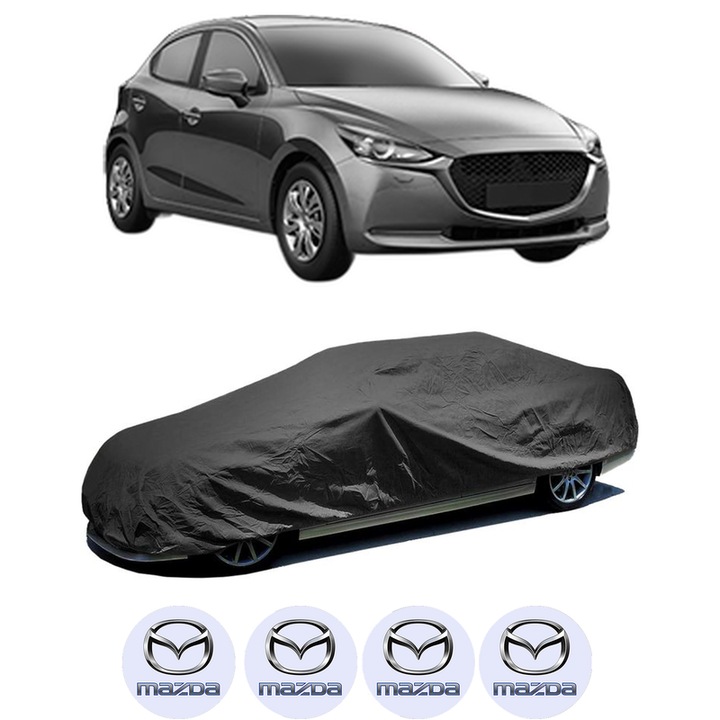 Husa tip prelata auto pentru MAZDA 2 Hatchback (KB) din 2022, Culoare Negru, material textil impermeabil, rezistanta la intemperii praf UV, CARPASSION Husa Protectie, 4 Stickere auto cu MAZDA