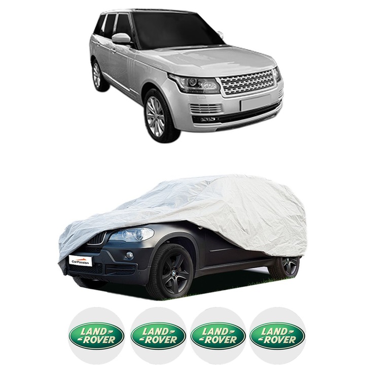 Husa tip prelata auto pentru LAND ROVER RANGE ROVER IV (L405) din 2012-2021, Culoare Gri, material textil impermeabil, rezistanta la intemperii praf UV, CARPASSION Husa Protectie, 4 Stickere auto cu LAND ROVER