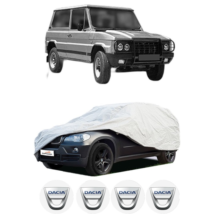 Husa tip prelata auto pentru DACIA DUSTER din 1984-1993, Culoare Gri, material textil impermeabil, rezistanta la intemperii praf UV, CARPASSION Husa Protectie, 4 Stickere auto cu DACIA