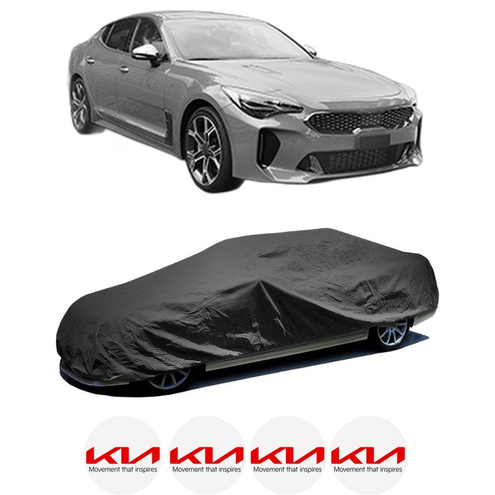 Husa tip prelata auto pentru KIA STINGER (CK) din 2017-2018, Culoare Negru, material textil impermeabil, rezistanta la intemperii praf UV, CARPASSION Husa Protectie, 4 Stickere auto cu KIA