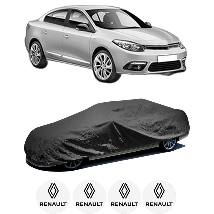 Husa tip prelata auto pentru RENAULT FLUENCE (L3_) din 2010-2015, Culoare Negru, material textil impermeabil, rezistanta la intemperii praf UV, CARPASSION Husa Protectie, 4 Stickere auto cu RENAULT
