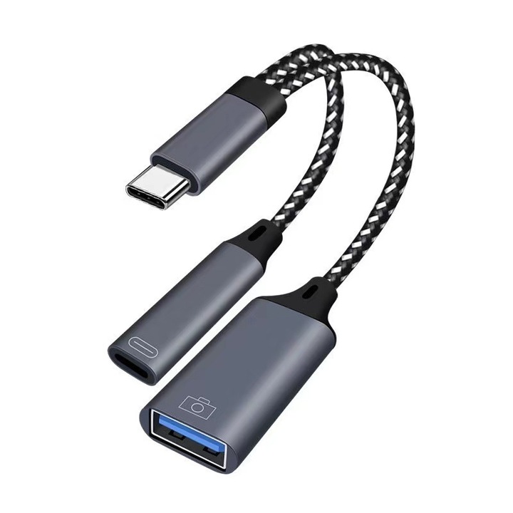 Adaptor USB 2 in 1, SuooTci, port de incarcare, compatibil cu iPhone, 10W, 13cm, gri