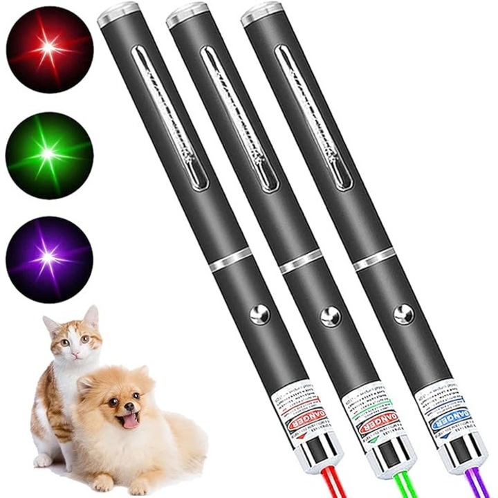 Set 3 lasere pointer pentru pisici, culori rosu, verde, mov, functionare cu baterii