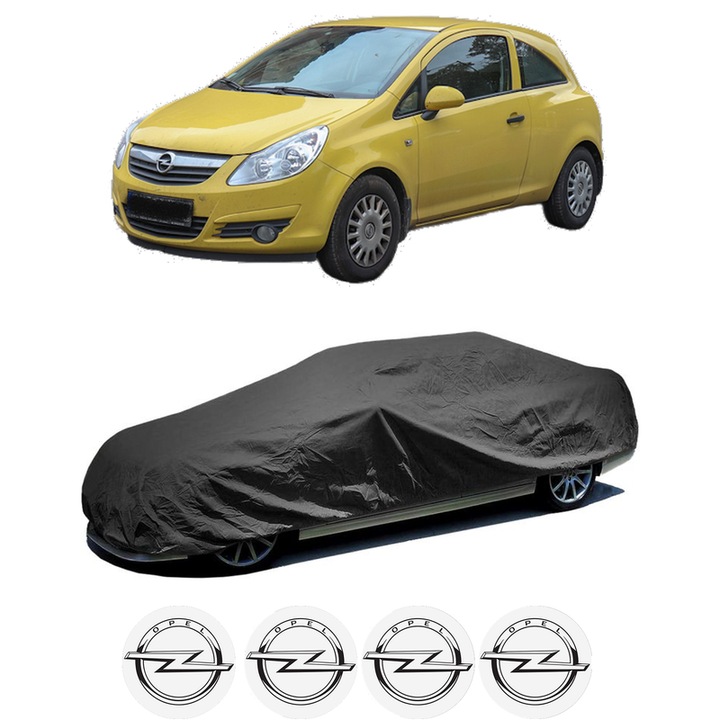 Husa tip prelata auto pentru OPEL CORSA D Hatchback Van (S07) din 2006-2014, Culoare Negru, material textil impermeabil, rezistanta la intemperii praf UV, CARPASSION Husa Protectie, 4 Stickere auto cu OPEL