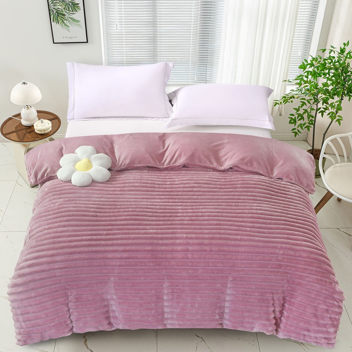 Patura Cocolino Reversibila pentru pat dublu NufJoy®, 200x230 cm, cu Dubla Intrebuintare Patura Pufoasa si Calduroasa/Husa de Pilota prevazuta cu fermoar, Pudra