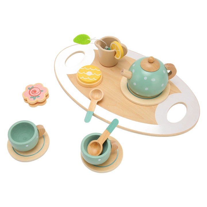 Set de ceai din lemn pentru copii, accesorii variate, detalii fine, multicolor
