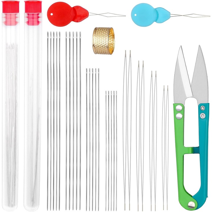 Set de 28 de ace de brodat, include 20 de ace lungi si drepte + 8 ace cu ochi mare, ace de brodat cu sticla pentru ac, degetar, infilator pentru ac pentru confectionarea bijuteriilor.