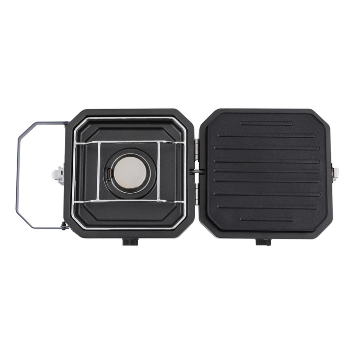 Aragaz de camping, aragaz portabil cu 2 arzatoare, pliabil, 2, 3+2, 3 kW, cu tigaie grill, aprindere inclusa, inox, negru