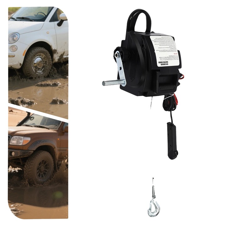 Winch electric, 2000 lbs capacitate de tragere, 6000 lbs forta maxima de rulare, negru