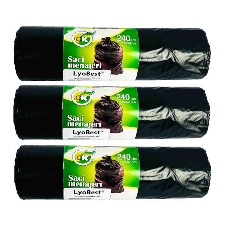 Комплект 3х Торби за битови отпадъци / Боклук, за контейнер Europubela, Вместимост 240л, 10 бр/ролка, Цвят Черен, Устойчиви