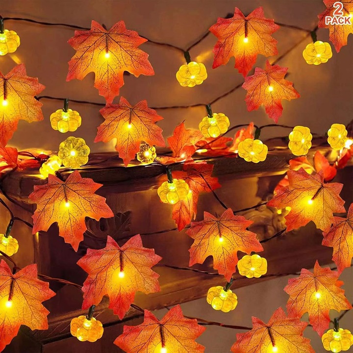 LED-es dekoratív füzér juharlevelekkel, 6 méter, 40 LED, elemes, Halloween