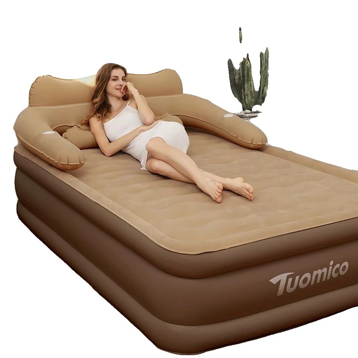 Saltea camping cu pompa incorporata, confortabila pentru 2 persoane, maro, 203x152x48cm