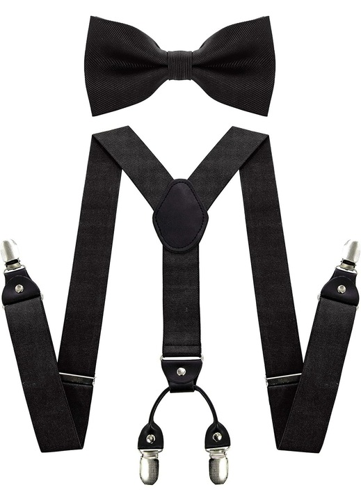 Set bretele si papion matase negru 110x3.5cm 12x6cm