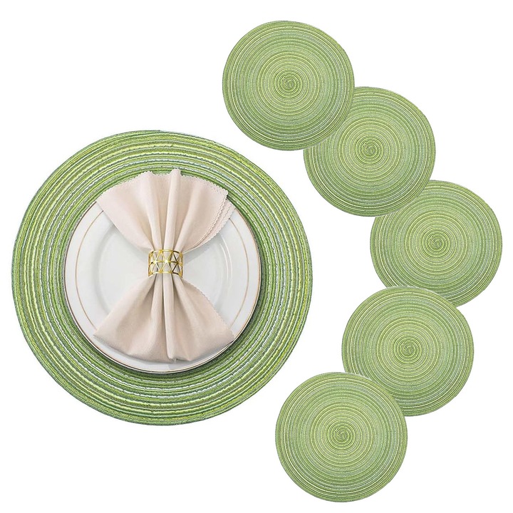 Set 6 suporturi pentru farfurii rotunde, rezistente la caldura, verde menta, 38x38cm