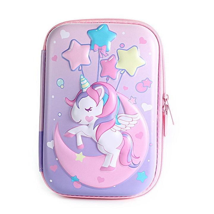 Penar pentru copii, Axroad Mall, Organizator de rechizite, Design cu unicorn, Imprimare 3D, Durabilitate, Impermeabil, Spatiu mare de depozitare, Pentru baieti si fete, cadou pentru elevi, EVA, 4*15*22cm, Roz