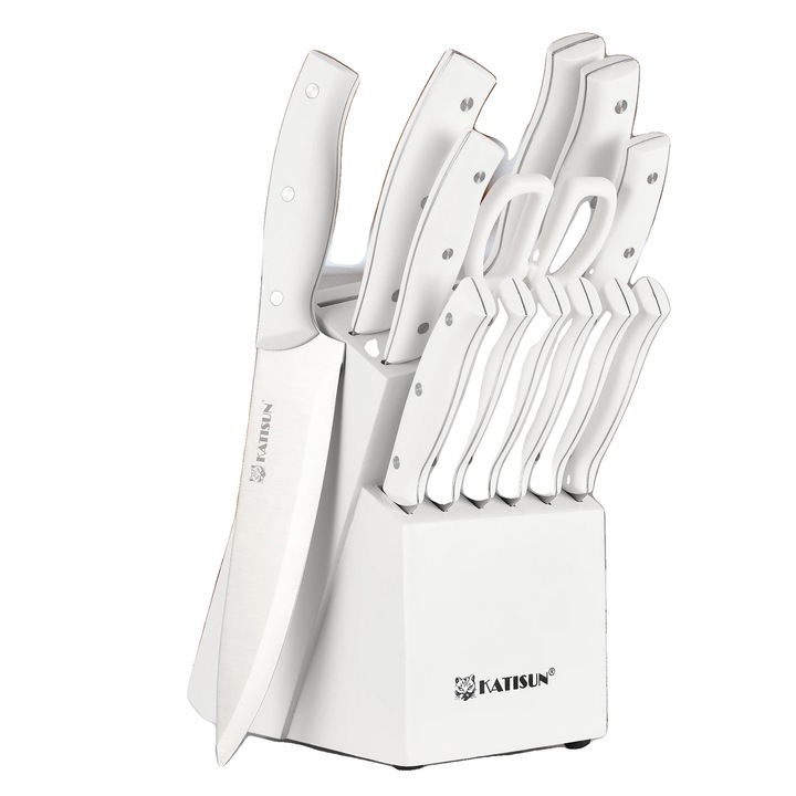Set de cutite de bucatarie, Katisun 15 piese, suport din lemn inclus, alb