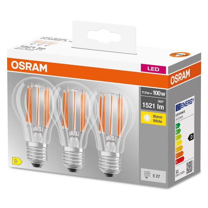 Osram Led Base Classic A100, Becuri Led Cu Filament Transparent Din Sticla Pentru Soclu E27, Forma De Para, Alb Cald (2700K), 1521 Lumeni, Inlocuire Pentru Becurile Conventionale De 100W, Cutie Cu 3 Buc