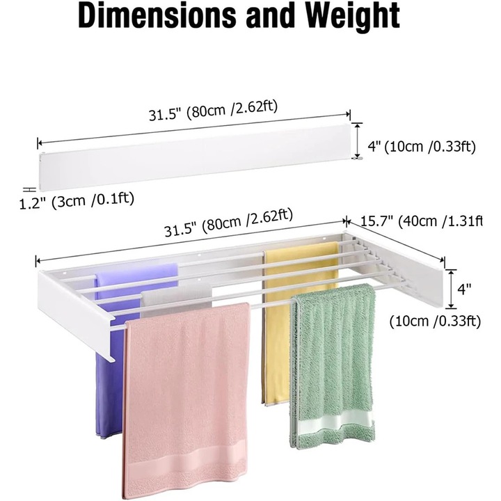 Uscator rufe, 80CM - 5 poli, design pliabil, montat pe perete, din inox, extensibil