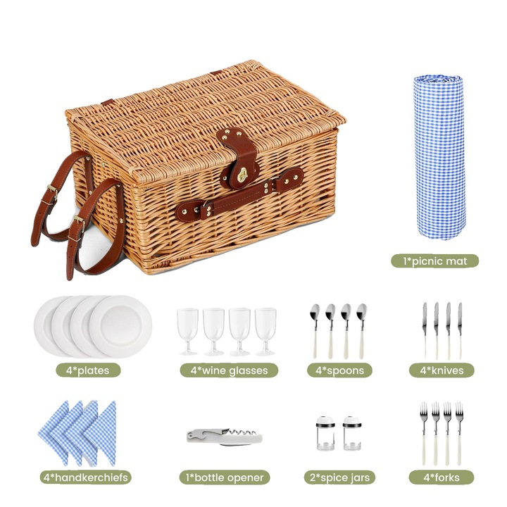 Cos de picnic, pentru 4 persoane, cu saltea impermeabila, ustensile incluse, dimensiuni generoase