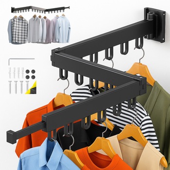 Suport pentru umerase, haine, stender, pentru spatiu organziat, usor de montat, pliabil, reglabil, 3 segmente, 127 cm, aluminiu, rezistent, negru