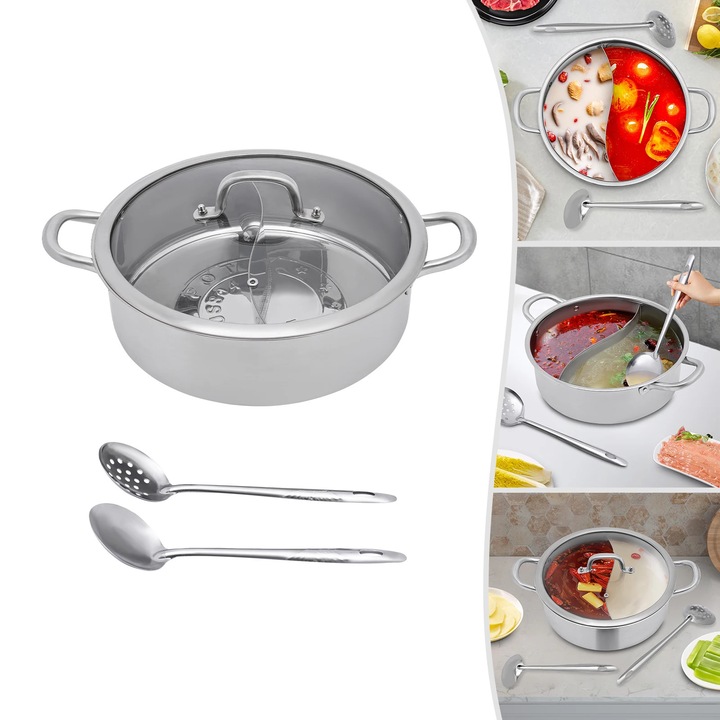Rozsdamentes acél hot pot edény, Osztott shabu shabu edény 30 cm, 2 rekeszes, 304 rozsdamentes acél, Üvegfedél és 2 kanál, Ezüst