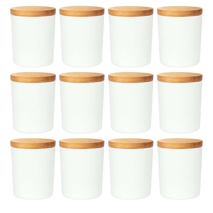 Set de 12 suporturi pentru lumanari din sticla alba lucioasa, cu o capacitate de 205 ml, cu capace din lemn
