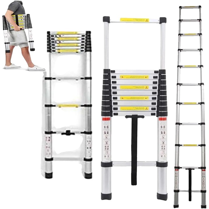 Scara telescopica, 3.2m inaltime, 150kg capacitate, 11 trepte, aluminiu, 2.7ft pliata