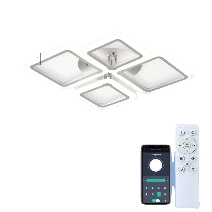 Lustra cu 4 lumini, control inteligent, dimabil, montare pe tavan, alb, LED