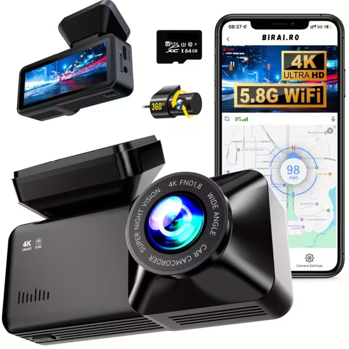 Kamera Fedélzeti DVR BIRAI® RoadPro A215 Kamera High PRO Full HD 4k 5G wifi, 6 lencse, 170°-os ultraszéles látószög, IPS kijelző 3", éjjellátó, dupla felvétel, hurokfelvétel, G-szenzor, mozgásérzékelés, fekete
