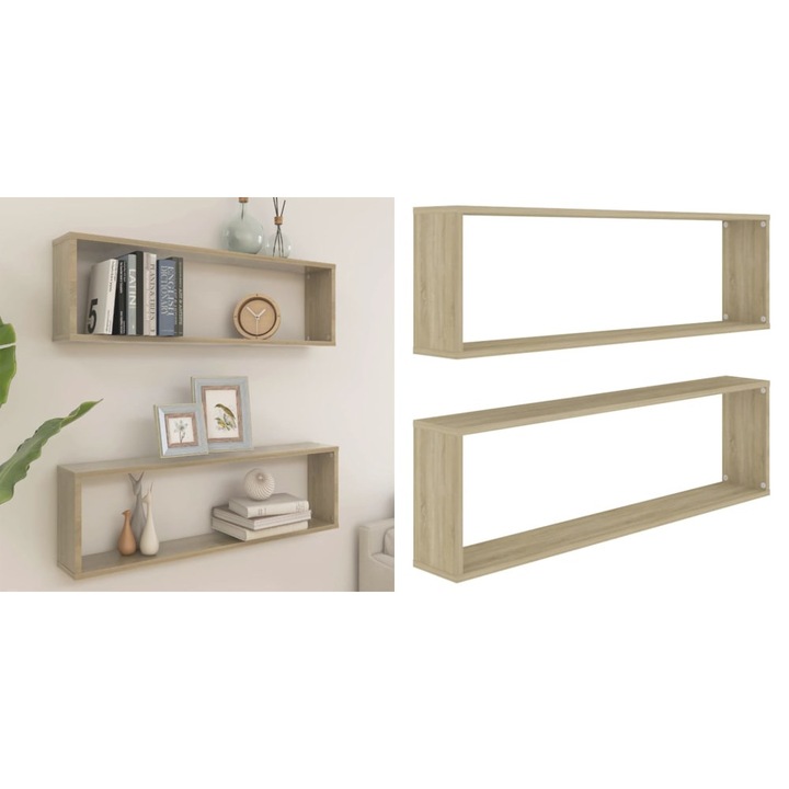 Rafturi de perete cub, 2 buc., stejar sonoma, 100x15x30 cm, PAL