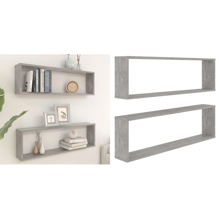 Rafturi de perete cub, 2 buc., gri beton, 100x15x30 cm, PAL