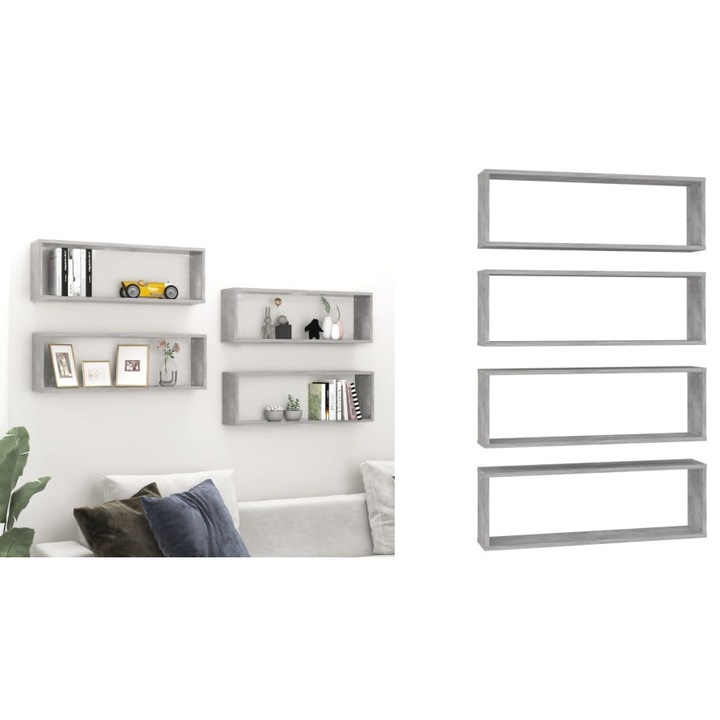 Rafturi de perete cub, 4 buc., gri beton, 80x15x26, 5 cm, PAL