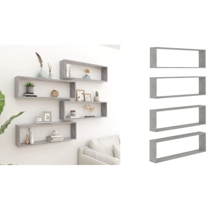 Rafturi de perete cub, 4 buc., gri beton, 100x15x30 cm, PAL