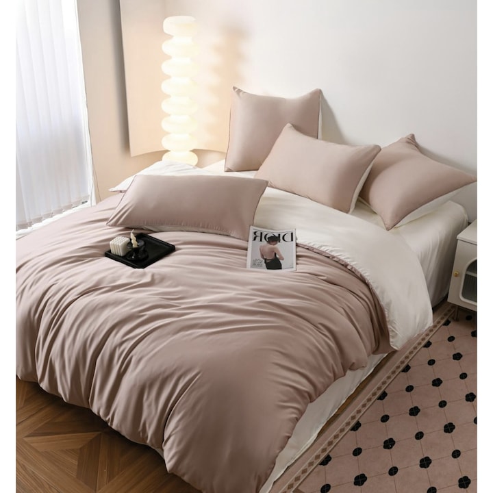 Set Lenjerie de pat 6 piese, Uni, 2 Persoane, Satin/Matase, Cearceaf de pat 230x240cm, Husa pilota 200x230cm, 2 Fete de perna 70x70cm, 2 Fete de perna 50x70cm, Pucioasa, Cappucciono/Unt, P-12