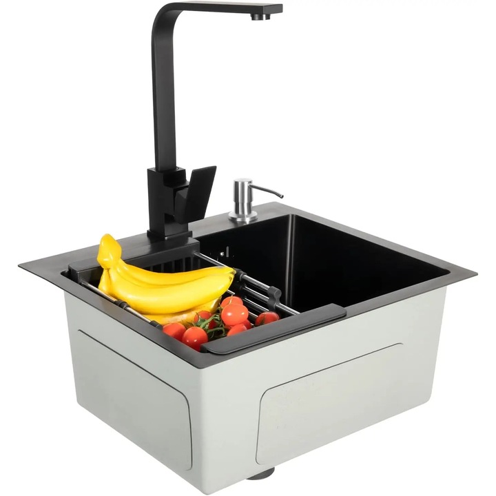 Chiuveta bucatarie, inox, cu un singur bol, neagra, 45x40x20cm, set cu accesorii de instalare